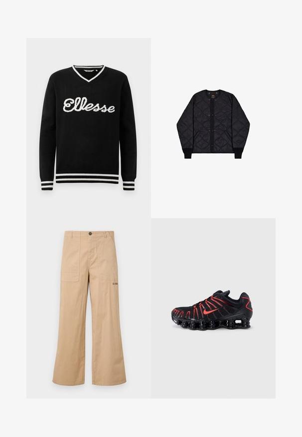 Schwarze, gesteppte, leichte Jacke mit Druckknöpfen, rundem Kragen und gerippten Bündchen, flach auf einem weißen Hintergrund ausgelegt.; Schwarzer V-Ausschnitt-Pullover mit weißem "Ellesse"-Logo über der Brust und weißen Streifen an Kragen, Manschetten und Saum.; Beige Baumwoll-Cargo-Hosen mit weitem Beinschnitt, vorderen aufgesetzten Taschen und einem Logo auf der Gesäßtasche. Leichter Stoff mit glatter Textur.; Schwarze Sportchuhe mit roten Akzenten, ausgestattet mit einem strukturierten Mesh-Obermaterial, einem einzigartigen wellenförmigen Design und einer geformten, gepolsterten Sohle.