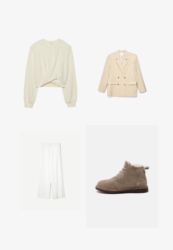 Beige dobbeltradet blazer med spids revers, fire brune knapper, to klaplommer og en brystlomme med åbning.; Creme, cropped sweatshirt med lange, tætsiddende ærmer. Har en snoet detalje foran og en ribbet kant. Blød, glat tekstur.; Hvide bukser med vide ben, elastisk talje og snøre, lavet af let stof.; Taupe ruskind ankelstøvle med snørelukning foran, blød beige pelsforing, løkke ved hælen og tekstureret mørk sål på hvid baggrund.