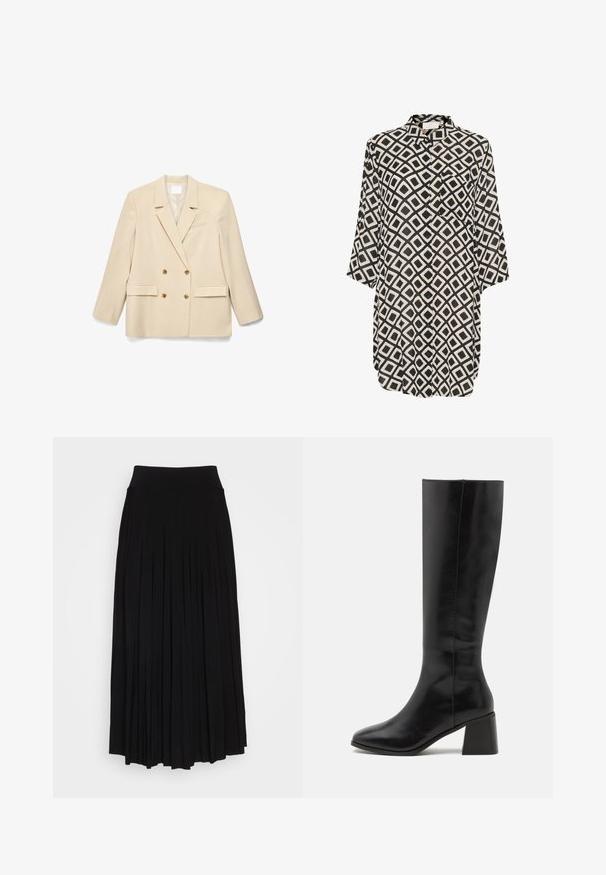 Beige dobbeltradet blazer med spids revers, fire brune knapper, to klaplommer og en brystlomme med åbning.; Sorte og hvide mønstrede skjorte med diamantformer, lange ærmer, knaplukning og en lomme på venstre bryst. Blød stofstruktur.; Sort plisseret nederdel med et højt, strækbart taljebånd. Lavet af blødt stof, med lodrette plisseringer for en flydende silhuet.; ONLY SHOES ONLBIJOU KNEE HIGH BOOT - Høje støvler/ Støvler - black
