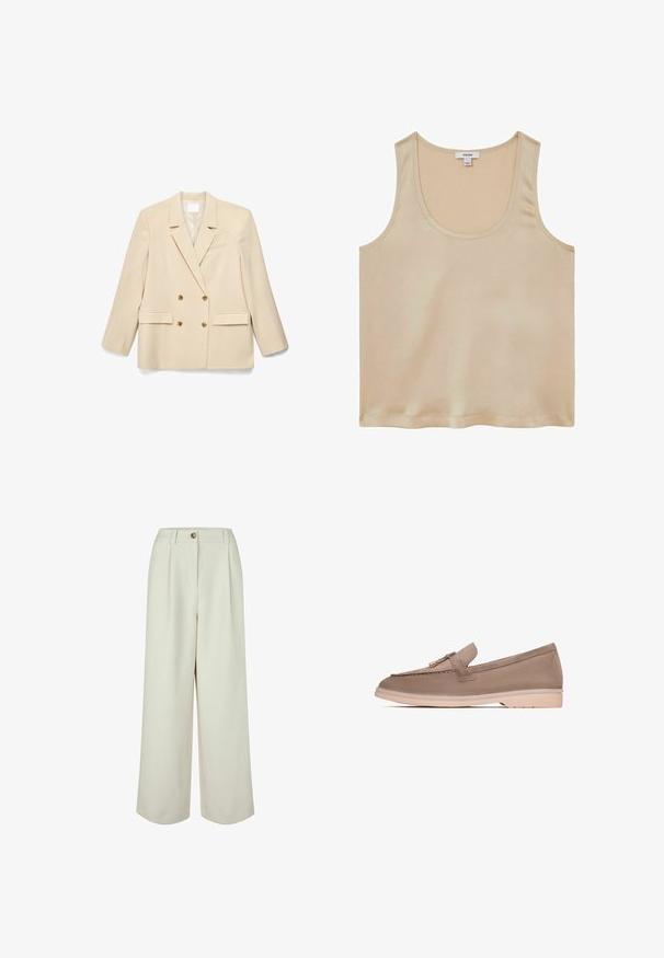 Beige dobbeltradet blazer med spids revers, fire brune knapper, to klaplommer og en brystlomme med åbning.; Reiss REGULAR FIT - Bluse - neutral; Højtaljede, vidde ben, cremefarvede bukser med bæltestropper, knaplukning og forreste folder, designet til en afslappet pasform.; Brune læder loafer med en glat tekstur, der har et dekorativt bånd og guldfarvet hardware, hviler på en lys beige gummisål.