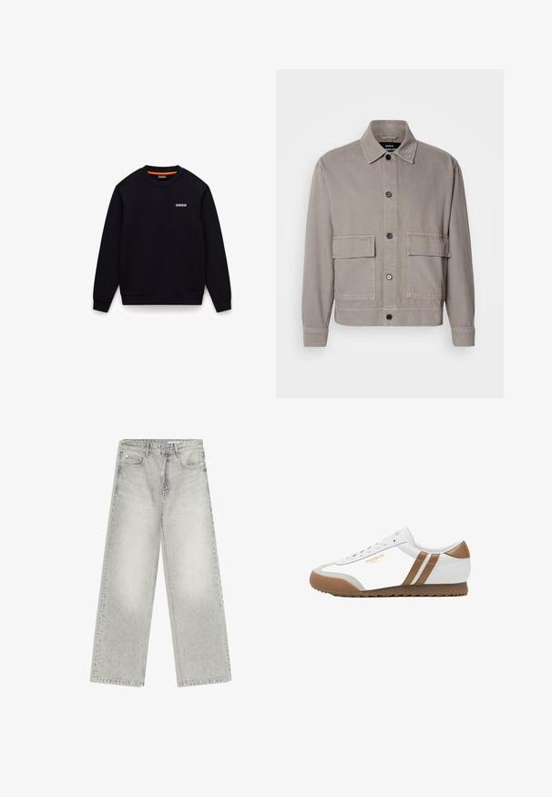 Helle graue Knopfjacke mit spitzem Kragen und zwei großen Klappentaschen auf der Vorderseite, langen Ärmeln und sichtbaren Nähten.; Schwarzes Sweatshirt mit Rundhalsausschnitt, langen Ärmeln und kleinem weißen Logo auf der linken Brust vor weißem Hintergrund.; Hellgraue, weit geschnittene Jeans aus Denim mit einem verwaschenen Finish. Verfügt über fünf Taschen und Gürtelschlaufen. Hergestellt aus robustem, strukturiertem Baumwollmaterial.; Weiße Sportschuhe mit hellbraunen Akzenten, flacher Gummisohle, texturiertem Zehenbereich und drei gestreiften Designs an der Seite. Sichtbares Logo in Gold.