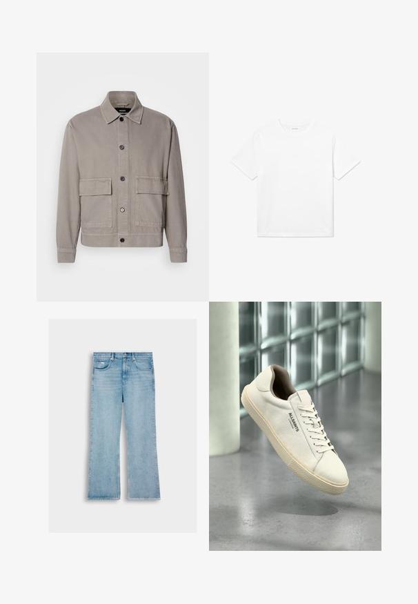 Lichtgrijze button-up jas met puntige kraag en twee grote klepzakken aan de voorkant, lange mouwen en zichtbare stiksels.; Witte katoenen T-shirt met korte mouwen, een ronde halslijn en een rechte zoom. Glad textuur zonder zichtbare patronen of accenten.; lichtblauwe denim jeans met een rechte pijp, met vijf zakken, een knoopsluiting en stiksels langs de naden.; Witte canvas sneaker met een beige zool en veters, "AllSaints London" logo aan de zijkant, zwevend boven een grijs gepolijste vloer nabij glasblokken.