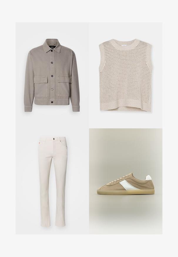 Veste boutonnée gris clair avec un col pointu et deux grandes poches à rabat à l'avant, manches longues et détails de couture visibles.; Débardeur en tricot sans manches de couleur beige clair avec un motif en maille ouverte, col rond et ourlet côtelé. Texture douce ; design décontracté adapté aux superpositions.; Jean droit beige en mélange de coton. Présente un design traditionnel à cinq poches et une fermeture à bouton métallique à la taille.; Baskets en daim marron clair avec semelle beige, languette de talon blanche, bande latérale blanche et fermeture à lacets sur fond neutre.