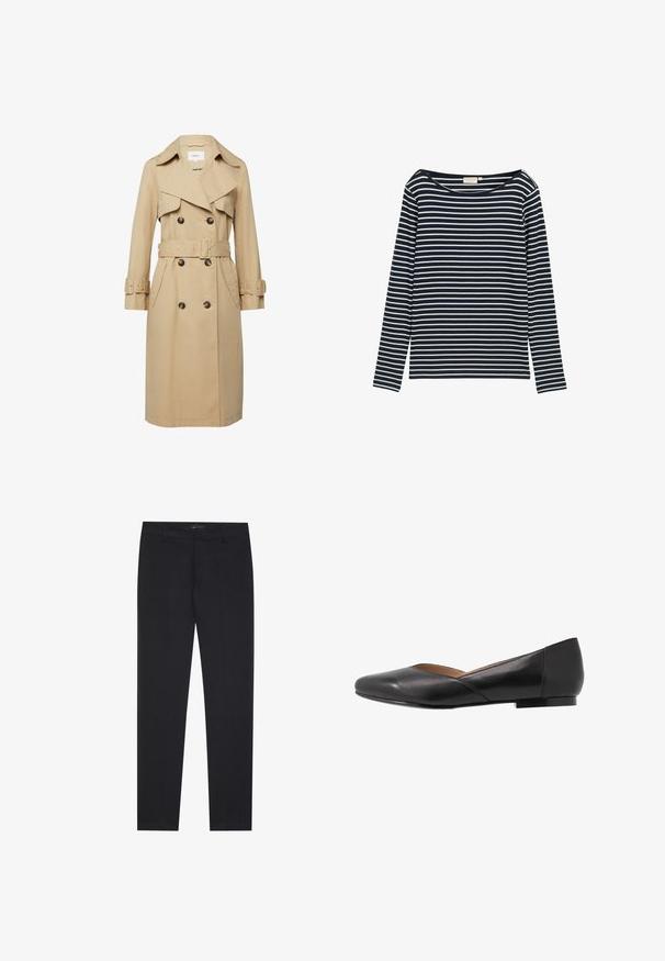 Beige dubbelgebreide trenchcoat met brede revers, taille met ceintuur, knoopmanches en zijzakken.; Navy en witte gestreepte langarmshirt met een brede halslijn, gemaakt van een zacht materiaal, met gelijkmatig verdeelde horizontale strepen.; Zwarte slim-fit formele broeken met riemlussen en voorzakken, ontworpen voor een op maat gemaakte, professionele uitstraling.; Zwarte leren platte schoen met een spitse neus, lage hak en een iets open bovenwerk ontwerp. Gladde textuur met minimale stikdetails.