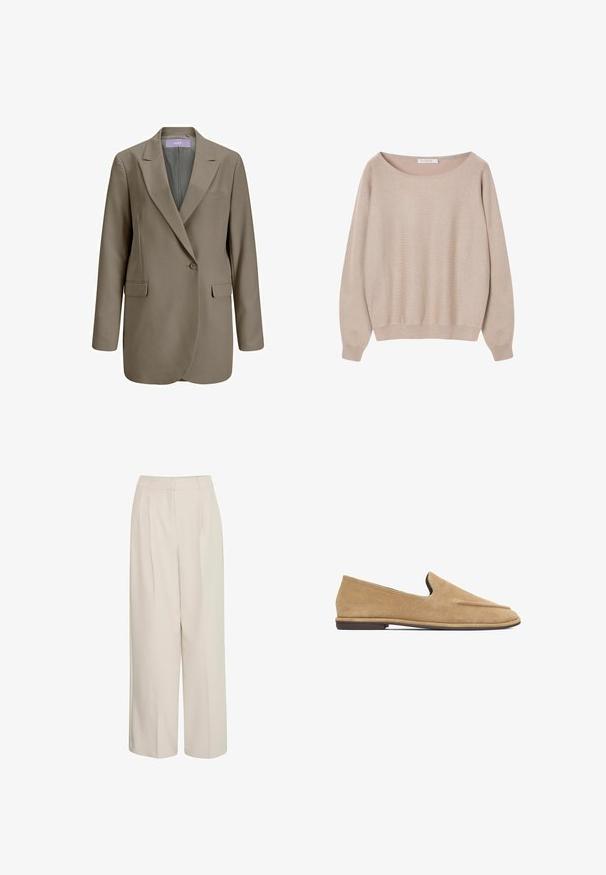JJXX JXMARY NOOS WVN - Blazer - brindle; Beige strikket sweater med en afslappet silhuet. Har en bred rund halsudskæring og lange ærmer med ribkanter ved ærmer og kant. Blød tekstur.; Højtaljede cremede bukser med brede ben og pressefolder, lavet af glat stof, med et rent design og skræddersyet pasform.; Beige ruskind slip-on loafers med lav hæl og rundet tå, sidevisning på hvid baggrund.