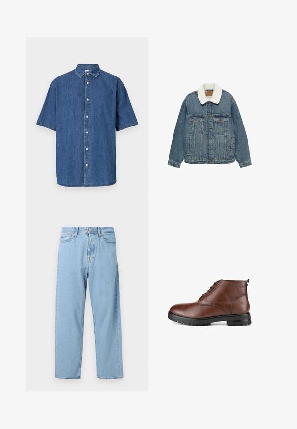 Denimjack met knoopsluiting aan de voorkant, twee borstflappenzakken, zijzakken en een witte sherpa-voering in de kraag op een witte achtergrond.; Donkerblauwe spijkerbloes met korte mouwen. Beschikt over een knoopsluiting aan de voorkant, een klassieke kraag en gestikte details langs de randen.; Lichtblauwe hoogwaardige rechte jeans met vijf zakken en een sluiting met een knoop en rits aan de voorkant.; Bruine leren enkelboots met een vetersluiting, een gestructureerd oppervlak en een stevige zwarte rubberen zool met ribbelbedekking.