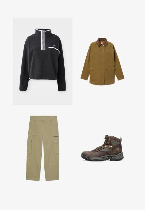 Chaqueta verde oliva confeccionada con tela resistente, con cuello de pana marrón, dos bolsillos delanteros y un detalle de logo en el pecho.; Sudadera de forro polar negra con cuello de media cremallera, que presenta un bolsillo en el pecho y acentos en blanco y gris contrastantes. Textura suave, diseño recortado.; Pantalones cargo caqui con múltiples bolsillos con solapa en la parte delantera y los laterales, diseño de pierna recta y trabillas en la cintura.; Bota de senderismo marrón con parte superior de cuero y malla, suela de goma, ojetes de metal y un parche de marca. Diseñada para durabilidad y soporte.