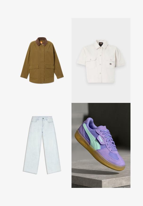 Olijfgroene jas van stevig materiaal, met een bruine corduroy kraag, twee voorzakken en een logodetail op de borst.; Korte mouwen, cropped wit shirt van katoen met twee borstzakken, knoopsluiting aan de voorkant en een logo patch op de linker zak.; Lichtblauwe wijde jeans met knopen en rits aan de voorkant, riemlussen en stijl met vijf zakken, plat gelegd op een witte achtergrond.; Paarse suède en mesh sneaker met mintaccenten, vetersluiting en een gestructureerde gumzool. Bevat PUMA-branding aan de zijkant.