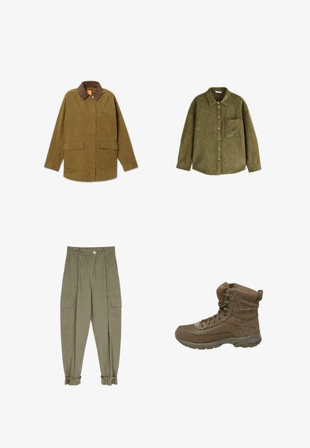 Chaqueta verde oliva confeccionada con tela resistente, con cuello de pana marrón, dos bolsillos delanteros y un detalle de logo en el pecho.; Camisa de pana verde oliva con mangas largas, cuello con solapa, cierres de botones y un bolsillo en el pecho. Tejido texturizado con rayas verticales.; Pantalones cargo verde oliva hechos de tejido suave, con dos bolsillos frontales, diseño plisado y puños con cierres ajustables.; Bota de senderismo marrón con materiales de malla y ante, puntera reforzada y diseño de cordones. Presenta un collar acolchado y una suela texturizada para tracción.