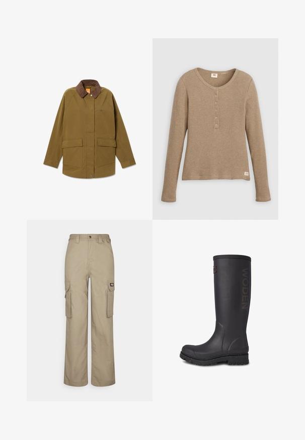 Olivengrøn jakke lavet af robust stof med en brun fløjlskrave, to frontlommer og en logodetalje på brystet.; Beige henley-shirt i vaffelstrik med lange ærmer, rund halsudskæring og fem-knaps lukning, vist fladt mod hvid baggrund.; Beige cargo bukser lavet af slidstærkt stof, med en afslappet pasform, flere sidelommer og et elastisk liv med knaplukning.; Høj sort gummistøvle med struktureret overflade, WODEN-logo på siden, og en forstærket sål med spraglete accenter.