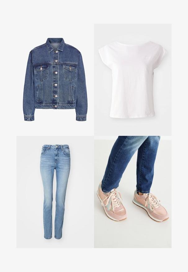 Veste en denim bleu classique avec un devant à boutons, deux poches poitrine et des poches latérales. Présente un col, des manches longues et des coutures visibles.; T-shirt blanc à manches courtes en coton, avec un col rond et une coupe ample. Présente un logo discret sur la poitrine.; Jeans en denim bleu clair au design droit. Comprend un style à cinq poches, une fermeture à bouton et un léger délavage sur le tissu.; Baskets roses en matières suédé et cuir, avec des accents bleu clair, bout arrondi et semelles en caoutchouc blanches. Les lacets sont beige.