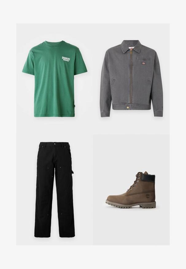 Grå arbejdsjakke med lynlås, krave, brystlomme med lynlås, sidelommer og et lille logopatch på brystet og ærmet.; Grøn bomulds T-shirt med en rund halsudskæring, korte ærmer og et hvidt logo på venstre bryst. Blød tekstur og afslappet pasform.; Sorte cargo bukser lavet af slidstærkt stof med flere lommer, en afslappet pasform, synlige sømme og trykknapdetaljer.; Brune læder ankelstøvle med sort krave, metaløjer og slidstærk grå sål. Har logo på siden og syet detaljer.
