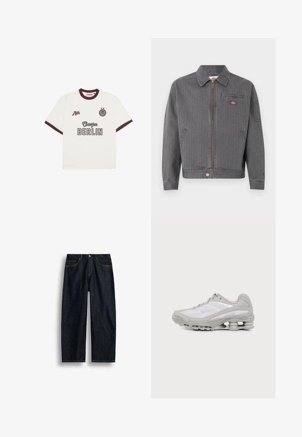 Veste de travail grise zippée avec col, poche poitrine zippée, poches latérales et petit écusson logo sur la poitrine et la manche.; T-shirt blanc à manches courtes avec des bordures bordeaux, avec le texte "Escape BERLIN" au centre devant, "Mitte" sur la poitrine gauche, et un emblème circulaire avec deux étoiles sur la poitrine droite.; Jean en denim bleu foncé à coupe droite avec couture jaune, poches avant et fermeture par bouton à la taille.; Baskets de sport grises et blanches avec semelle à coussin d'air visible et panneaux en mesh, présentées de profil sur un fond clair uni.