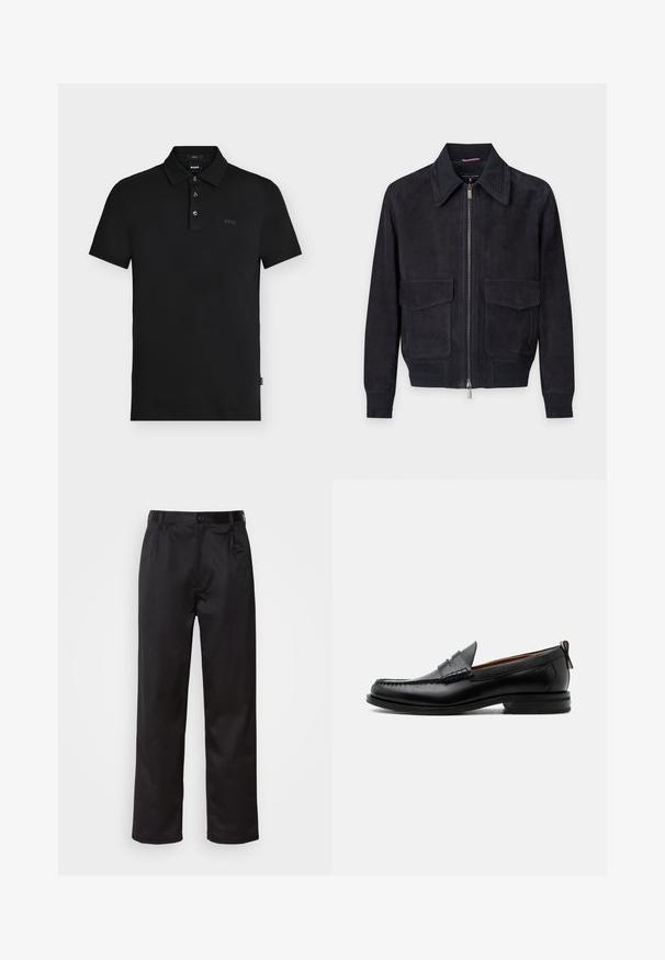 Cazadora bomber de ante negro con cremallera frontal y dos bolsillos de solapa, con cuello puntiagudo y puños y dobladillo acanalados.; Polo negro de corte ajustado con tres botones, mangas cortas y un sutil logotipo "BOSS" en el pecho y en el interior del cuello.; Pantalones negros de tela suave, con cierre delantero de botón, pliegues y patas rectas. Sin patrones ni acentos visibles.; Mocasín de hombre de piel negra con costura moc toe, tira penny, cuello texturizado y tacón bajo apilado sobre fondo blanco.