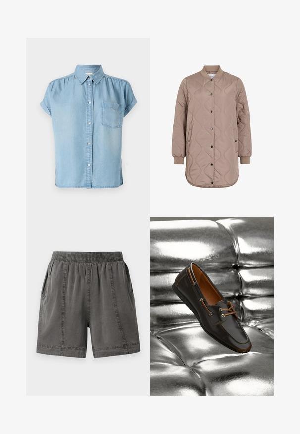 Abrigo largo beige acolchado con cierre frontal de botones a presión, puños y cuello acanalados, y dos bolsillos laterales.; Camisa de mezclilla de manga corta en azul claro, con cierre de botones en la parte delantera, cuello y un bolsillo en el pecho izquierdo. Textura suave y ajuste ligeramente relajado.; Pantalones cortos de mezcla de algodón en gris con cintura elástica, bolsillos laterales y detalle de costura a lo largo de las costuras. Textura suave y ajuste casual.; Mocasín de cuero marrón con acentos en tono tostado y ojales metálicos, con punta redondeada y textura suave, colocado sobre un fondo plateado brillante.