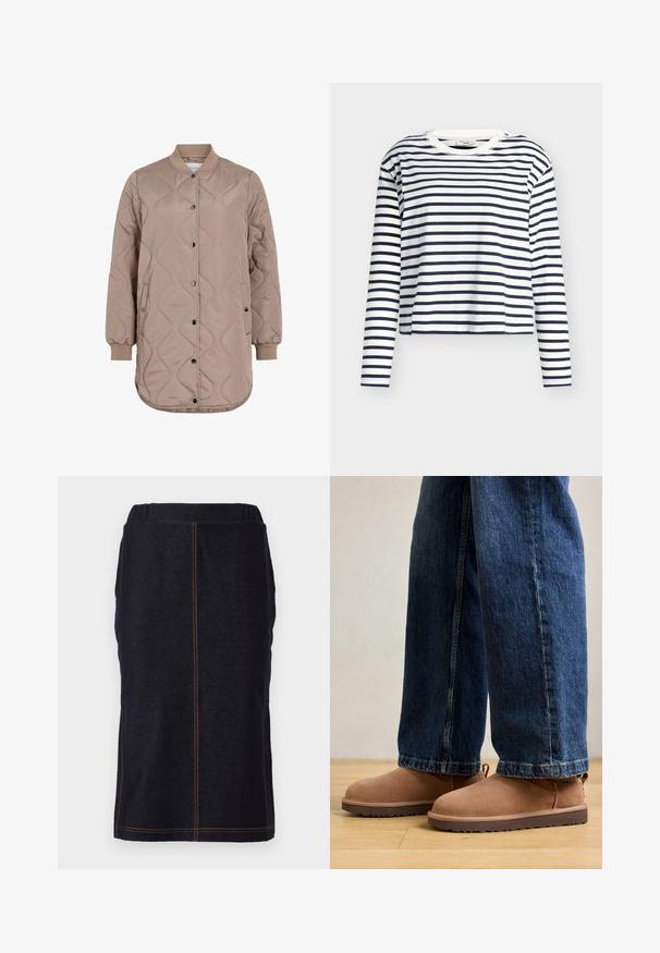 Langer beigefarbener gesteppter Mantel mit Druckknöpfen vorn, gerippten Bündchen und Kragen sowie zwei Seitentaschen.; Langärmeliges T-Shirt aus Baumwolle mit marineblauen und weißen Streifen. Verfügt über einen Rundhalsausschnitt und einen leicht verkürzten Saum mit seitlichen Schlitzen.; Dunkelblaue Denim-Bleistiftrock mit geradem Schnitt und seitlichen Schlitzen, versehen mit kontrastierendem orangefarbenem Nähen entlang der Nähte. Elastischer Bund für Komfort.; Braune Wildleder Stiefeletten mit flacher Sohle, runder Spitze und einer kleinen Zuglasche, kombiniert mit blauen Jeans im geraden Schnitt.