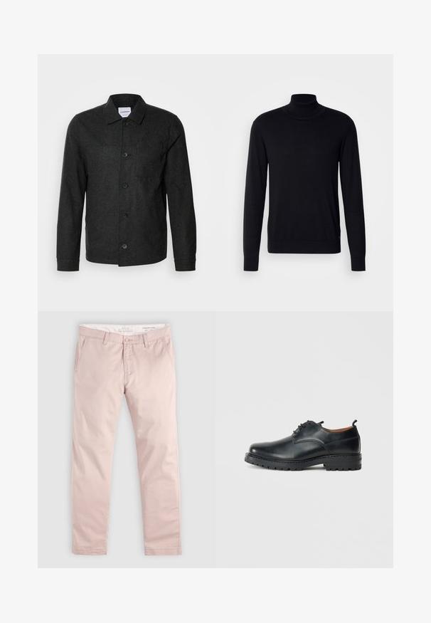 Lindbergh Veste légère - black melange; Pull à col montant noir en tissu doux. Doté de manches longues, d'un col et de poignets côtelés, avec une texture lisse et sans motifs.; Pantalon slim rose clair avec passants de ceinture, bouton frontal, fermeture éclair, et poches latérales en biais, posé à plat sur un fond clair.; Chaussures derby en cuir noir avec une texture lisse, bout rond, design à lacets et une semelle en caoutchouc épaisse et robuste.