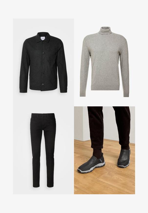 Lindbergh Chaqueta fina - black melange; Suéter gris de cuello alto y mangas largas. Hecho de un material suave y liso, con un diseño ajustado y detalles de canalé en el dobladillo.; Vaqueros de mezclilla negra con un ajuste slim, diseño de cinco bolsillos, cremallera en la bragueta y una textura limpia y suave. Cintura estándar con pasadores para cinturón.; Zapatos negros sin cordones con parte superior de cuero texturizado y una suela de goma gris, sobre un suelo de madera y pantalones de pana.