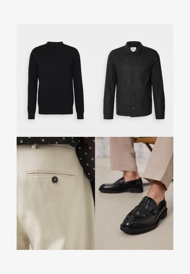 Lindbergh Lichte jas - black melange; Zwarte pullover trui van zachte stof met een hoge hals en lange mouwen. Eenvoudig ontwerp, zonder patronen of versieringen.; Beige broek met een gestructureerde stof en een achterzak, gesloten met een zwarte knoop. Subtiele stikselaccenten langs de zak.; Zwarte leren loafers met een gladde afwerking, voorzien van een decoratieve band en contrasterende stiksels, gecombineerd met beige broeken.
