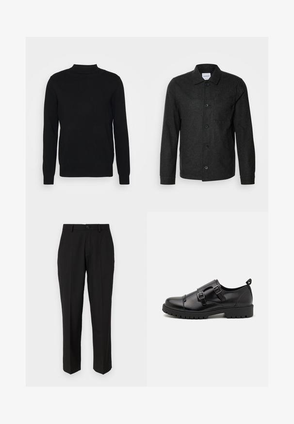 Lindbergh Lichte jas - black melange; Zwarte pullover trui van zachte stof met een hoge hals en lange mouwen. Eenvoudig ontwerp, zonder patronen of versieringen.; Zwarte broeken van soepele stof, met een rechte pijpconstructie, vo pockets, een enkele knoopsluiting en geen zichtbare patronen.; Pier One Zakelijke loafers - black