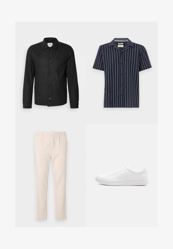 Lindbergh Chaqueta fina - black melange; Camisa de manga corta de color navy con rayas verticales blancas, cuello con muesca y botones negros en el frente. Fabricada con un tejido ligero.; Pantalones beige con un diseño sutil de hojas, bien confeccionados, con cierre de botones y bolsillos laterales. Textura de tela suave.; Zapatilla blanca de cuero liso con cierre de cordones, diseño bajo y suela gruesa de caucho, vista lateral sobre un fondo liso.