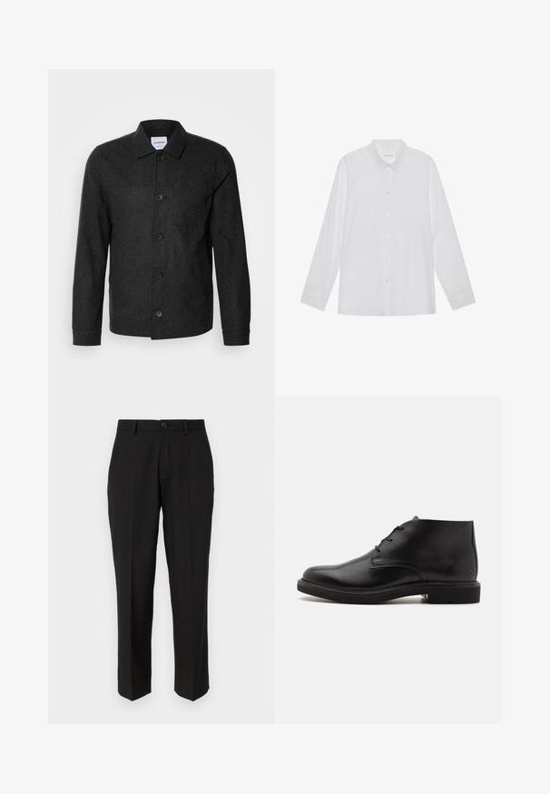 Lindbergh Lichte jas - black melange; Witte blouse met lange mouwen van soepel stof, met een puntige kraag, voorkant met knoopsluiting en manchetten met één knoop.; Zwarte broeken van soepele stof, met een rechte pijpconstructie, vo pockets, een enkele knoopsluiting en geen zichtbare patronen.; Zwarte leren enkellaars met drie veterogen, een afgeronde neus en platte zool op een effen lichte achtergrond.