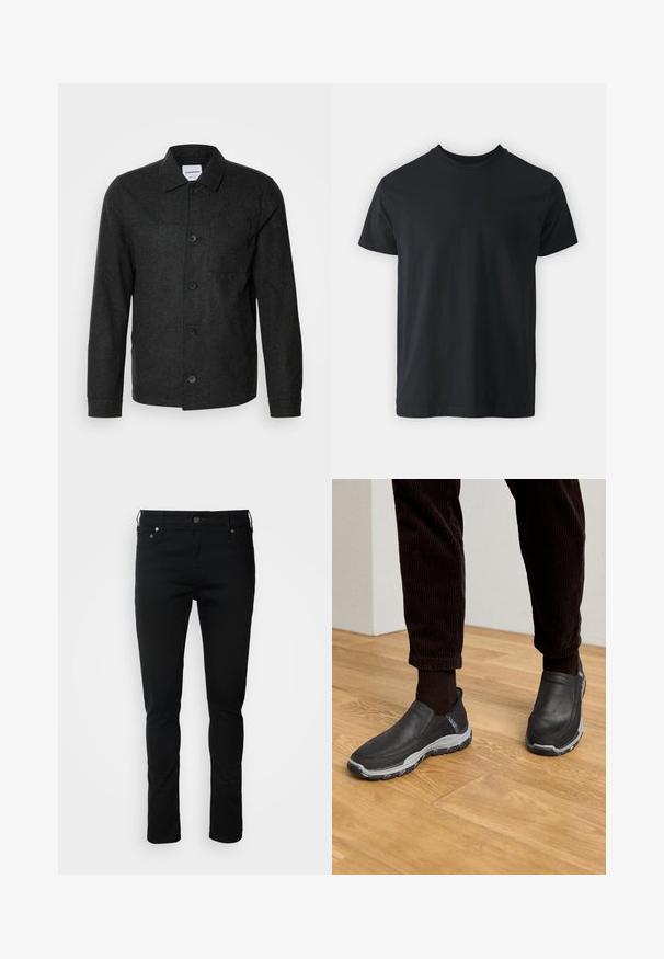 Lindbergh Let jakke / Sommerjakker - black melange; Sort bomulds t-shirt med kortærmer, rund halsudskæring og en afslappet pasform. Glat tekstur og lige kant, ingen synlige grafikker eller mønstre.; Sorte denim jeans med en slank pasform, featuring en lynlås foran, bæltestropper og forlommer. Glat tekstur, minimal detailing, klassisk design.; Sorte slip-on sko med strukturerede læderoverdele og en grå gummi sål, placeret på et trægulv og med fløjlsshorts.