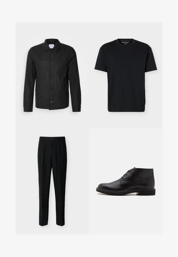 Lindbergh Lichte jas - black melange; Zwart T-shirt met korte mouwen, ronde hals, een relaxte pasvorm en Marc O’Polo branding aan de binnenkant van de kraag, op een effen achtergrond.; Zwarte, op maat gemaakte, high-waist broek met riemlussen, plooien aan de voorkant, zijzakken en een knoop- en ritssluiting.; Zwarte leren enkellaars met drie veterogen, een afgeronde neus en platte zool op een effen lichte achtergrond.