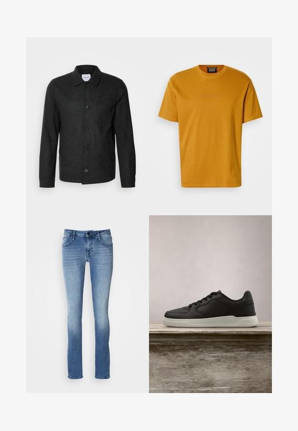 Lindbergh Lichte jas - black melange; Mosterdgele T-shirt van katoen, met een ronde hals, korte mouwen en subtiele reliëftekst aan de voorkant.; Lichtblauwe denim jeans met een klassiek vijf-pocket ontwerp, rechte pijpen en subtiele vervaging. Gemaakt van zachte, duurzame stof.; Zwarte sneaker met witte zool zwevend boven een houten bank, groene loofbomen op de vervaagde achtergrond.