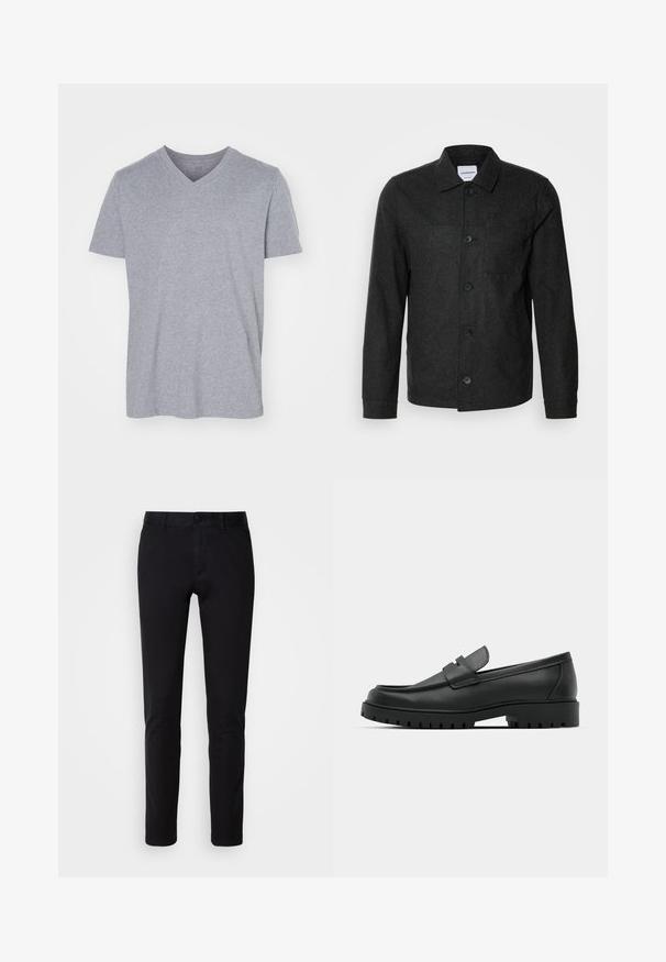 Lindbergh Leichte Jacke - black melange; Graues Baumwoll-T-shirt mit V-Ausschnitt, kurzen Ärmeln und lockerem Schnitt. Weicher, leichter Stoff ohne sichtbare Muster oder Verzierungen.; Schwarze Hosen aus glattem Baumwollstoff, mit geradem Bein, Fronttaschen, Knopfverschluss und sauberem Finish.; Schwarze Lederloafer mit runder Zehenform, ausgestattet mit einem gesteppten Design, niedrigem Plattformsohle und einer strukturierten, genoppten Gummisohle.