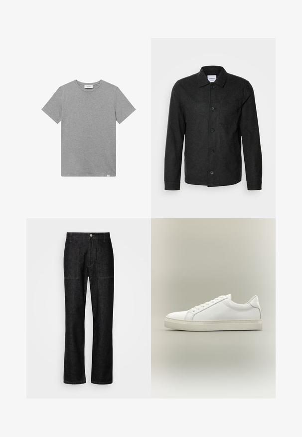 Lindbergh Chaqueta fina - black melange; Camiseta gris de manga corta hecha de una mezcla de algodón. Presenta un cuello redondo y un pequeño detalle de logo en el lado izquierdo del frente.; Pantalones de mezclilla negros con corte recto, costuras visibles y cierre frontal con botón. Incluye dos bolsillos laterales y dos bolsillos traseros.; Zapatilla blanca de perfil bajo con cordones en la parte delantera y suela gruesa, mostrada de lado sobre un fondo neutro.