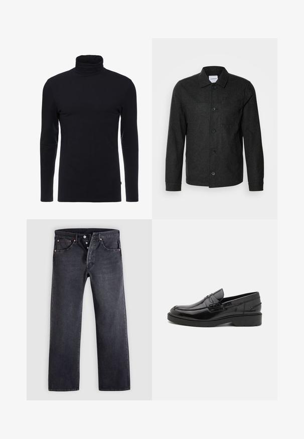 Lindbergh Chaqueta fina - black melange; Camisa de cuello alto negra de manga larga, hecha de una tela suave y elástica. Presenta un diseño ajustado y una textura lisa. Sin patrones ni acentos visibles.; Jeans vaqueros negros de corte recto, diseño de cinco bolsillos y detalles de botones de cobre. Textura suave con un acabado ligeramente desgastado.; Mocasines de cuero negro con un acabado suave, punta redondeada, tacón bajo y costura decorativa en la parte delantera. Suela de goma para mayor agarre.