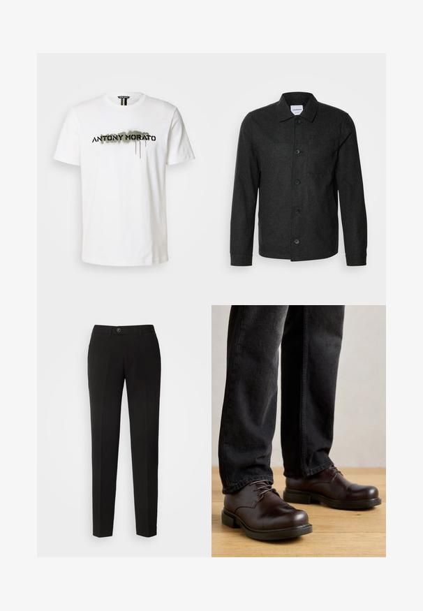 Lindbergh Leichte Jacke - black melange; Weißes Baumwoll-T-Shirt mit einem auffälligen schwarzen "ANTONY MORATO"-Logo und grünen Sprühfarbe-Elementen, Rundhalsausschnitt und kurzen Ärmeln.; Schwarze gerade geschnittene Hose aus glattem Stoff mit einem Knopfverschluss und seitlichen Taschen im klassischen Design.; Braune Lederschuhe mit abgerundeter Spitze, Schnürdesign und dicker schwarzer Gummisohle, kombiniert mit dunkelblauen Jeans.