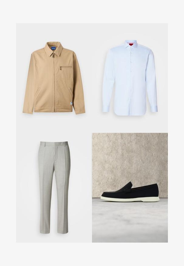 Beige Reißverschlussjacke mit spitzem Kragen, Reißverschlusstasche auf der linken Brust, zwei Seitentaschen und einem kleinen Markenetikett nahe dem Saum.; Helleblaue Langarmbluse mit Button-Down-Kragen, abgerundetem Saum und weißen Knöpfen. Glattes Material mit einem subtilen Glanz.; Hellgraue, maßgeschneiderte Hose aus glattem Stoff mit geradem Schnitt, vorderen Abnähern und klassischem Bund mit Gürtelschlaufen.; Schwarzer Slipper mit runder Zehenpartie, präsentiert sich mit einem strukturierten Obermaterial, glatter weißer Sohle und einem dezenten Branding-Detail an der Seite.