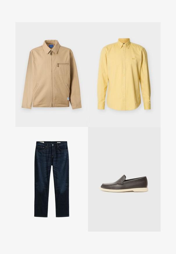Veste beige zippée avec col pointu, poche poitrine zippée sur la gauche, deux poches latérales et une petite étiquette de marque près de l'ourlet.; Chemise à manches longues jaune clair avec col boutonné et petit logo brodé "BOSS" sur le côté gauche de la poitrine.; Jean bleu foncé à jambes droites avec poches avant et arrière, fermeture par boutons et détails de whiskering subtils sur les cuisses.; Chaussures à enfiler en cuir marron avec une surface texturée et une semelle beige clair contrastante, présentant un bout arrondi et de minimalistes détails de couture.
