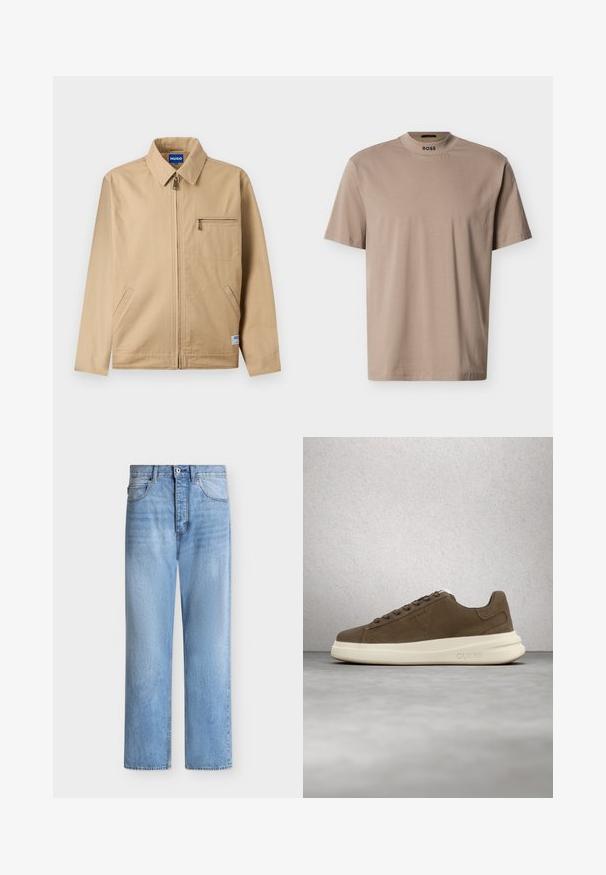 Beige jas met rits en puntkraag, een borstzak met rits aan de linkerkant, twee zijzakken en een klein merkje nabij de zoom.; Beige T-shirt met korte mouwen en een hoge ronde hals, met "BOSS"-logo op de kraag. Gemaakt van zachte stof met een gladde textuur.; Lichtblauwe spijkerbroek met rechte pijpen, knoop- en ritssluiting, voor- en achterzakken en riemlussen in de tailleband.; Bruine suède sneaker met een crèmekleurige rubberen zool, platte veters en een logo aan de zijkant. Lichtgewicht ontwerp en gladde textuur.
