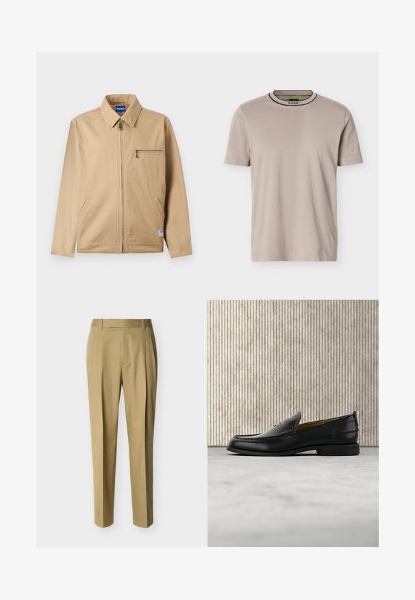 Veste beige zippée avec col pointu, poche poitrine zippée sur la gauche, deux poches latérales et une petite étiquette de marque près de l'ourlet.; T-shirt beige à manches courtes et col rond côtelé, avec des rayures noires et vertes sur le col et le logo "BOSS" à l'intérieur du col.; Pantalon beige ajusté avec passants de ceinture et pli frontal, présenté sur un fond clair uni.; Mocassin pour homme en cuir noir avec un dessus embossé effet croco et un petit talon, présenté de profil sur un fond neutre.