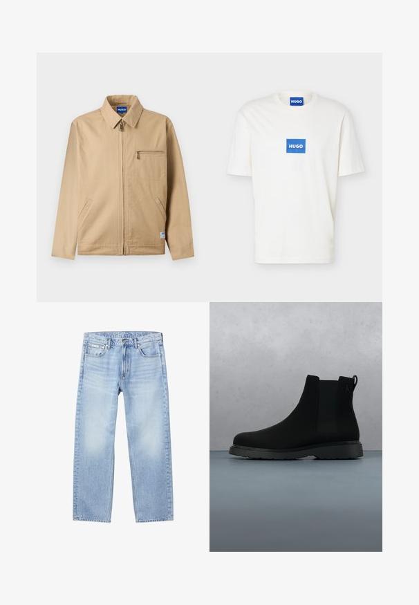 Beige Reißverschlussjacke mit spitzem Kragen, Reißverschlusstasche auf der linken Brust, zwei Seitentaschen und einem kleinen Markenetikett nahe dem Saum.; Weißes T-Shirt mit kurzen Ärmeln und Rundhalsausschnitt, mit einem blauen rechteckigen Logo mit der Aufschrift "HUGO" zentriert auf der Brust und im inneren Kragen.; Hellblaue Jeans mit geradem Bein, vorderen Taschen, Gürtelschlaufen, Knopfverschluss und einem kleinen Calvin Klein-Label an der rechten vorderen Tasche.; Schwarze Knöchelstiefel aus glattem Material mit subtilen Nähten, einer Gummisohle und einem eleganten Design, platziert auf einer Oberfläche mit Holzstruktur.