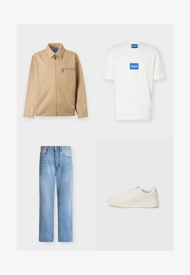 Beige lynlåstrøje med spids krave, lynlåslomme på venstre bryst, to sidelommer og en lille mærkeetiket nær kanten.; Hvid T-shirt med korte ærmer og rund halsudskæring, med en blå rektangulær logo med teksten "HUGO" centreret på brystet og på den indvendige krave.; Lyseblå straight-leg denim jeans med knap- og lynlåslukning, for- og baglommer samt bæltestropper i taljen.; Hvide sneakers med en glat læderoverdel, rund tå, flade snørebånd og en struktureret gummisål. Der er en rød detalje på hælen.