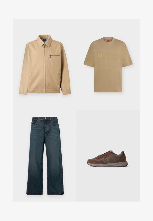 Beige lynlåstrøje med spids krave, lynlåslomme på venstre bryst, to sidelommer og en lille mærkeetiket nær kanten.; Beige T-shirt med korte ærmer, rund hals og præget "HUGO" logo centreret på brystet.; Mørkeblå vidde bukser i denim med knap foran, lynlåslukning og design med fem lommer vist mod en hvid baggrund.; Brune sneakers med en blanding af glatte og ruskind materialer, rund tå, tekstureret gummisål og kontrastfyldt sort hælkvotering.