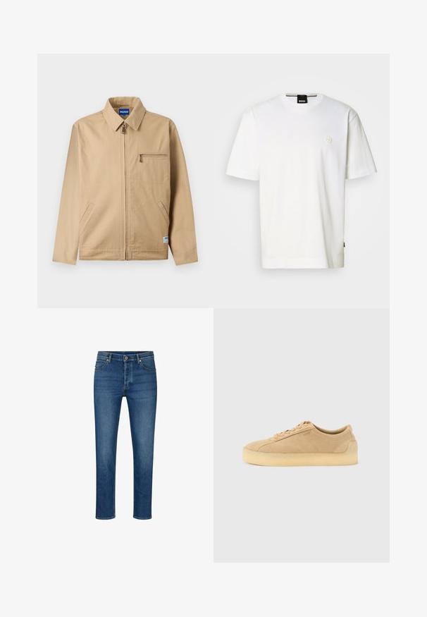 Beige Reißverschlussjacke mit spitzem Kragen, Reißverschlusstasche auf der linken Brust, zwei Seitentaschen und einem kleinen Markenetikett nahe dem Saum.; Weißes Baumwoll-T-Shirt mit Rundhalsausschnitt, kurzen Ärmeln und kleinem Logo auf der Brust. Gerade geschnittener Saum unten.; Blaue Denim-Jeans mit geradem Schnitt, ausgestattet mit fünf Taschen, Gürtelschlaufen und einem Knopfverschluss. Leichte Abnutzungsspuren und kontrastierende Nähte.; Beiger Wildleder-Sneaker mit flacher Silhouette, dicker Kautschuksohle, Schnürverschluss und dezentem seitlichem Branding vor einem schlichten hellgrauen Hintergrund.