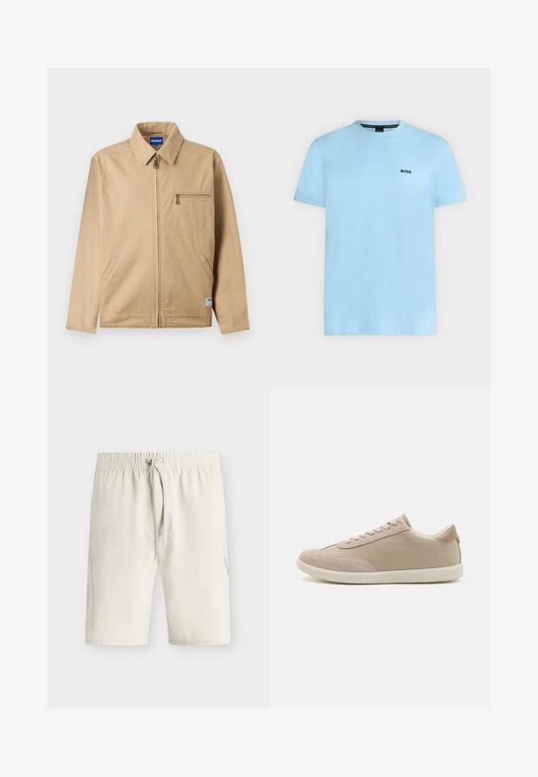 Beige lynlåstrøje med spids krave, lynlåslomme på venstre bryst, to sidelommer og en lille mærkeetiket nær kanten.; Lyseblå T-shirt med korte ærmer og rund halsudskæring med lille sort "BOSS" logo på venstre bryst.; Lyse beige knælange shorts med elastisk talje og snøre, med sidelommer og en glat stoftekstur.; Beige sneakers lavet af en blanding af ruskind og lærred, med snørebånd, rund tå, textureret sål og et subtilt brandlogo på siden.