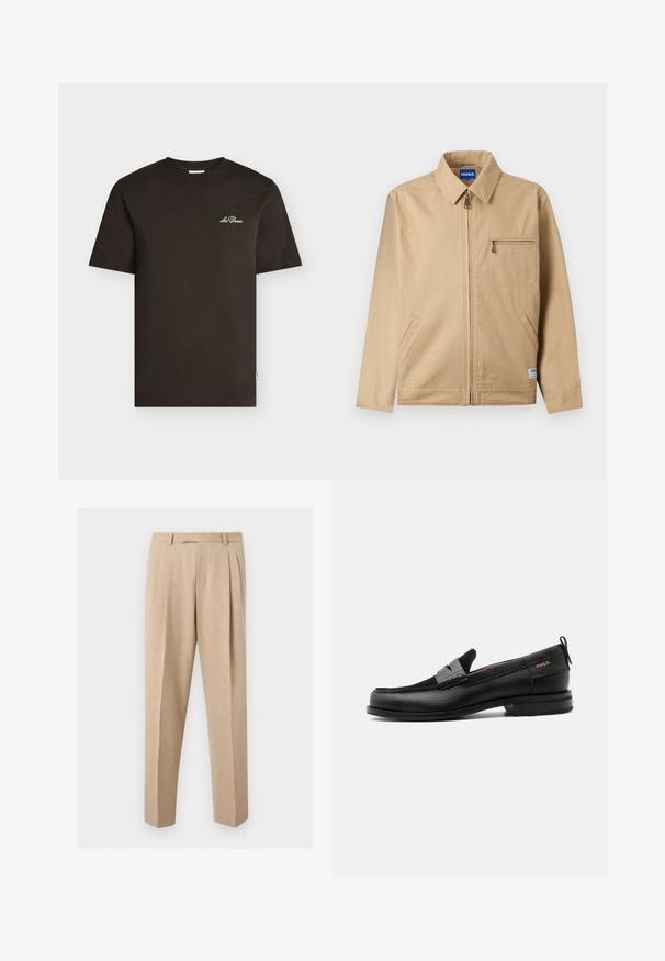 Veste beige zippée avec col pointu, poche poitrine zippée sur la gauche, deux poches latérales et une petite étiquette de marque près de l'ourlet.; T-shirt noir à manches courtes avec petit logo blanc "Les Deux" sur la poitrine gauche, col rond, présenté sur un fond clair uni.; Pantalon beige sur mesure avec plis sur le devant, passants de ceinture et jambes droites, présenté sur un fond clair et uni.; Mocassin en cuir noir avec détail de bride grise, talon bas et semelle texturée, marqué "HUGO" en or sur le côté.