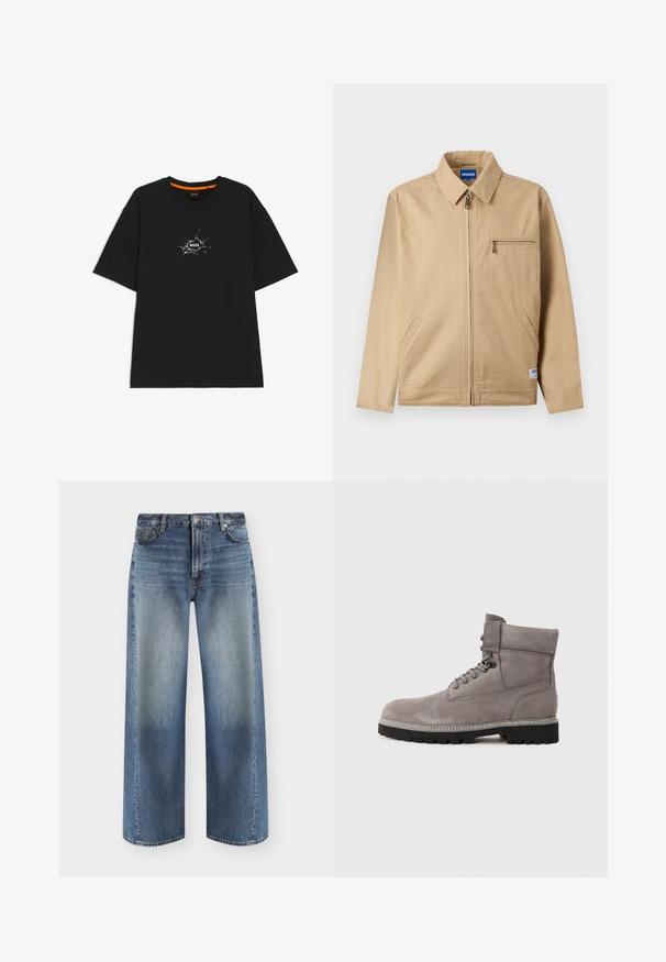 Beige lynlåstrøje med spids krave, lynlåslomme på venstre bryst, to sidelommer og en lille mærkeetiket nær kanten.; Sort T-shirt med korte ærmer og rund halsudskæring, med en hvid, sprække-lignende grafik i midten med ordet "BOSS".; Blå jeans med lige ben og udvaskede forpaneler, fem-lommer stil, knaplukning og bæltestropper på hvid baggrund.; Grå ruskindsankelstøvle med rund tå, metaløjer og en tykk sort gummisål. Har en glat tekstur og forstærkede syninger.