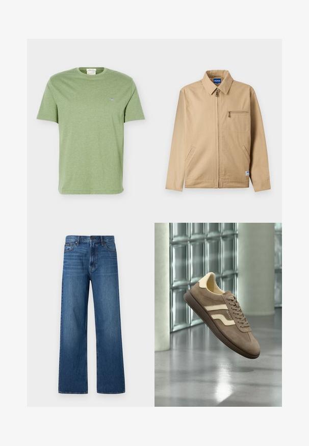 Veste beige zippée avec col pointu, poche poitrine zippée sur la gauche, deux poches latérales et une petite étiquette de marque près de l'ourlet.; T-shirt en coton vert clair à manches courtes, col rond et petit logo brodé sur la poitrine gauche.; Jean bleu à taille haute et coupe droite, avec bouton et fermeture éclair à l'avant, cinq poches, et un petit patch de marque sur la poche droite.; Baskets en daim marron avec des accents crème et une semelle en caoutchouc foncée flottant à l'intérieur contre un mur en verre et des piliers en béton.