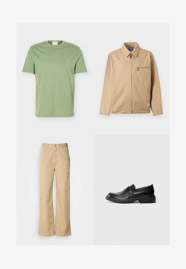 Veste beige zippée avec col pointu, poche poitrine zippée sur la gauche, deux poches latérales et une petite étiquette de marque près de l'ourlet.; T-shirt en coton vert clair à manches courtes, col rond et petit logo brodé sur la poitrine gauche.; Pantalon large beige en mélange coton. Fermeture par bouton et passants de ceinture. Texture lisse, avec des détails de couture minimaux.; Chaussure habillée noire en cuir, à enfiler, avec un petit talon et un logo Calvin Klein discret sur le côté, présentée de profil sur un fond blanc.