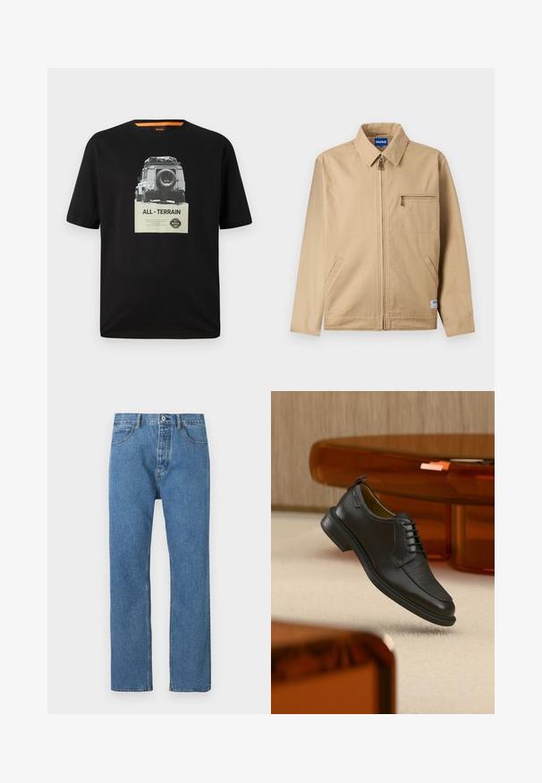 Veste beige zippée avec col pointu, poche poitrine zippée sur la gauche, deux poches latérales et une petite étiquette de marque près de l'ourlet.; T-shirt en coton noir avec un col rond, affichant un imprimé graphique d'un véhicule classique et le texte "ALL - TERRAIN" sur la poitrine.; Jean en denim bleu clair à coupe droite, avec cinq poches, une fermeture par bouton et des détails de couture subtils le long des coutures.; Chaussure habillée noire en cuir à lacets avec devant texturé, flottant au-dessus d'un tapis beige dans une pièce moderne avec des meubles teintés d'ambre.