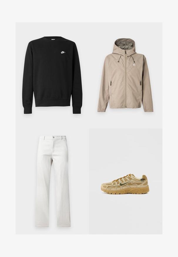 Beige jas met rits en capuchon, met een gebogen naadontwerp, verstelbare trekkoorden en zijzakken met rits. Logo zichtbaar op de borst.; Zwarte sweater van katoen, met een ronde hals, lange mouwen en een klein wit Nike-logo aan de bovenkant van de linkerborst.; Lichtgrijze broeken met een rechte pijp, gemaakt van een soepele stof, met een voorste knoopsluiting en zijzakken.; Beige sportschoen met gestructureerde suède en meshpanelen, contrasterende bruine veters en een robuust rubberen zool. Voorzien van een prominent logo.