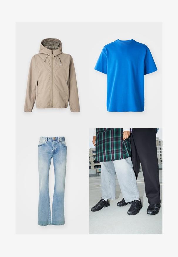 Beige vetoketjullinen huppari, jossa kaarevat saumat, säädettävät kiristysnauhat ja sivulla vetoketjulliset taskut. Rintakehällä näkyy logo.; Sininen puuvillapaita, jossa on pyöreä pääntie, lyhyet hihat ja rento istuvuus. Silkkinen pinta ja yksinkertainen muotoilu ilman kuvioita tai yksityiskohtia.; Vaaleansiniset leveälahkeiset farkut, jotka on valmistettu denimistä ja joissa on haalistunut pesu, etutaskut, vyölenkit ja kuparinvärinen napituskiristys.; Mustat urheilukengät, joissa on verkko- ja kumikoristeita. Yhdistetty vaaleanharmaiden leveiden farkkujen ja ruudullisen vihreän paidan kanssa. Tasainen tausta.