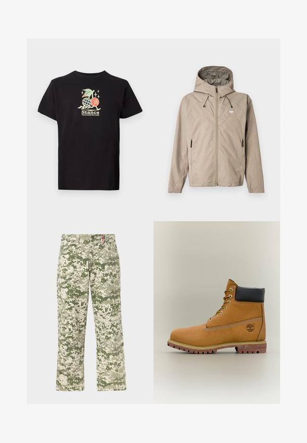 Beige jakke med lynlås og hætte, med buet sømdesign, justerbare snore og sidelommer med lynlås. Logoen er vist på brystet.; Sort bomulds t-shirt med et farverigt grafisk print af en ananas og kirsebær, teksten lyder "Stance Community Run Club." Korte ærmer.; Herrebukser med lige ben i grøn og beige pixeleret camouflage-mønster og frontlommer, vist mod en lys baggrund.; Brun læderankelstøvle med sort krave, gule snørebånd og tanfarvet sål. Har logo og hvide syninger som detalje. Robust ydersål med greb.